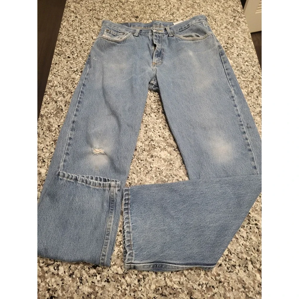 Wrangler Relaxed Fit Straight Leg Jeans Mens 32x32 Blue Denim Distressed Pockets
